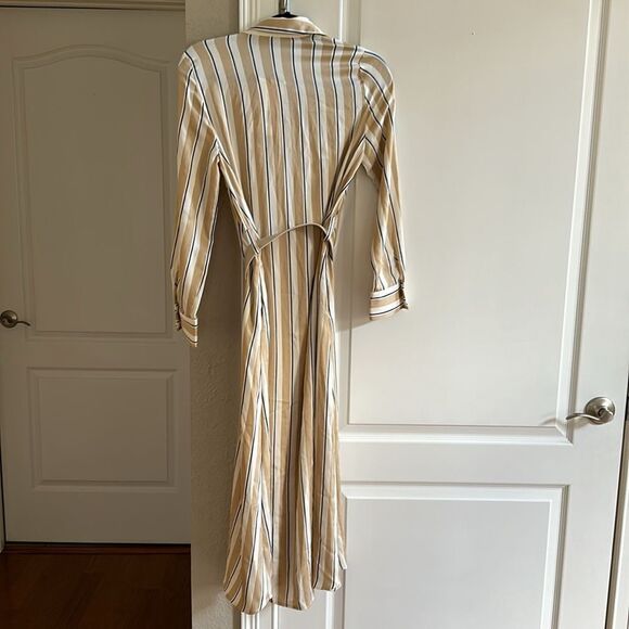 ZARA Striped Belted Midi Dress long sleeves tan,white,blue Size XS‎ NWT - Picture 7 of 9